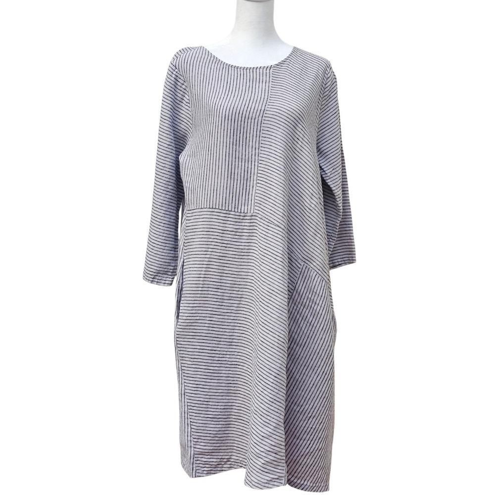 Lisa Bayne Linen Boat Neck Dress Gray Beige Asymmetrical Stripe Pockets Small